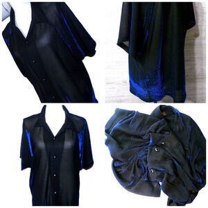 Vtg 80s Dangerous Willie Shirt XL Blue Sheer Metallic Black Disco Rave Punk USA